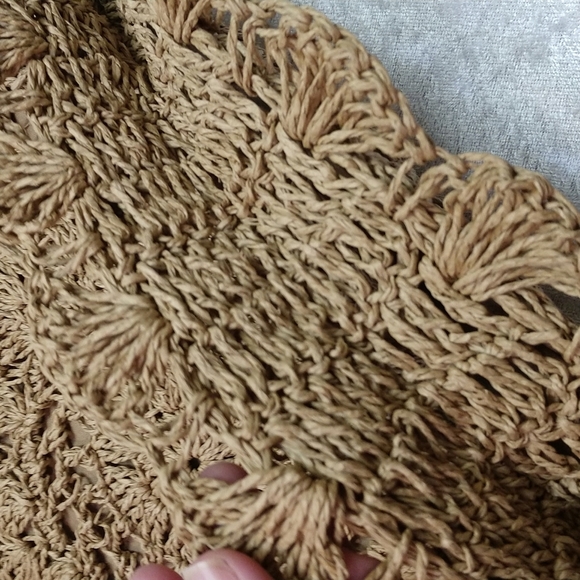 SALE Circle Handmade Crochet Shoulder Tote Bag Lined Zipper Light Brown Boho - Picture 8 of 13